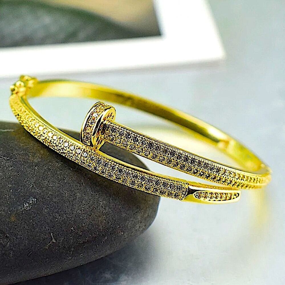 Gold Nail Zircon Screw Tack Bangle Bracelet - Picture 3 of 9